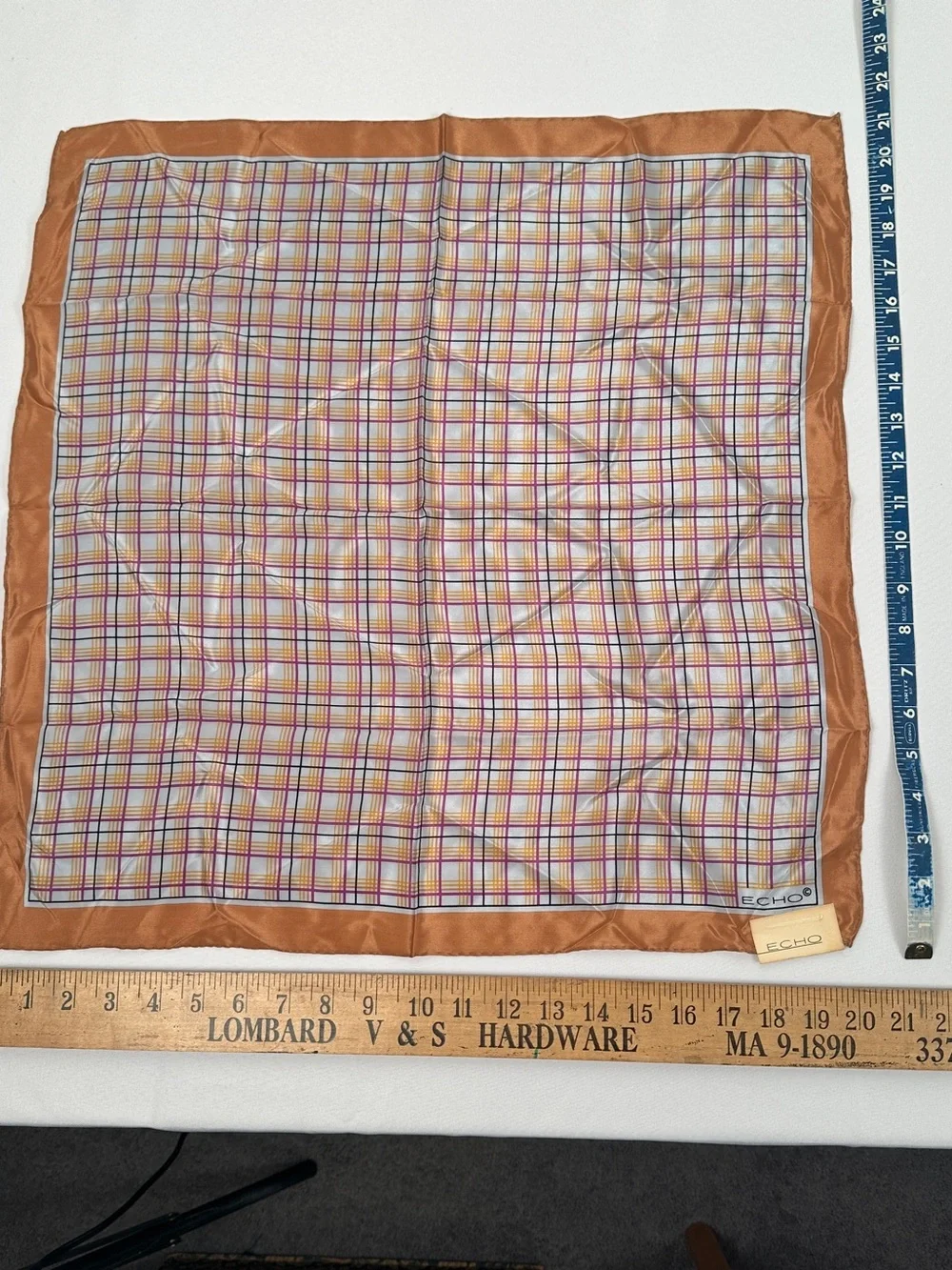 Echo NWT Vintage Plaid 100% Silk Scarf Japan Copper, Gray, Navy, Purple